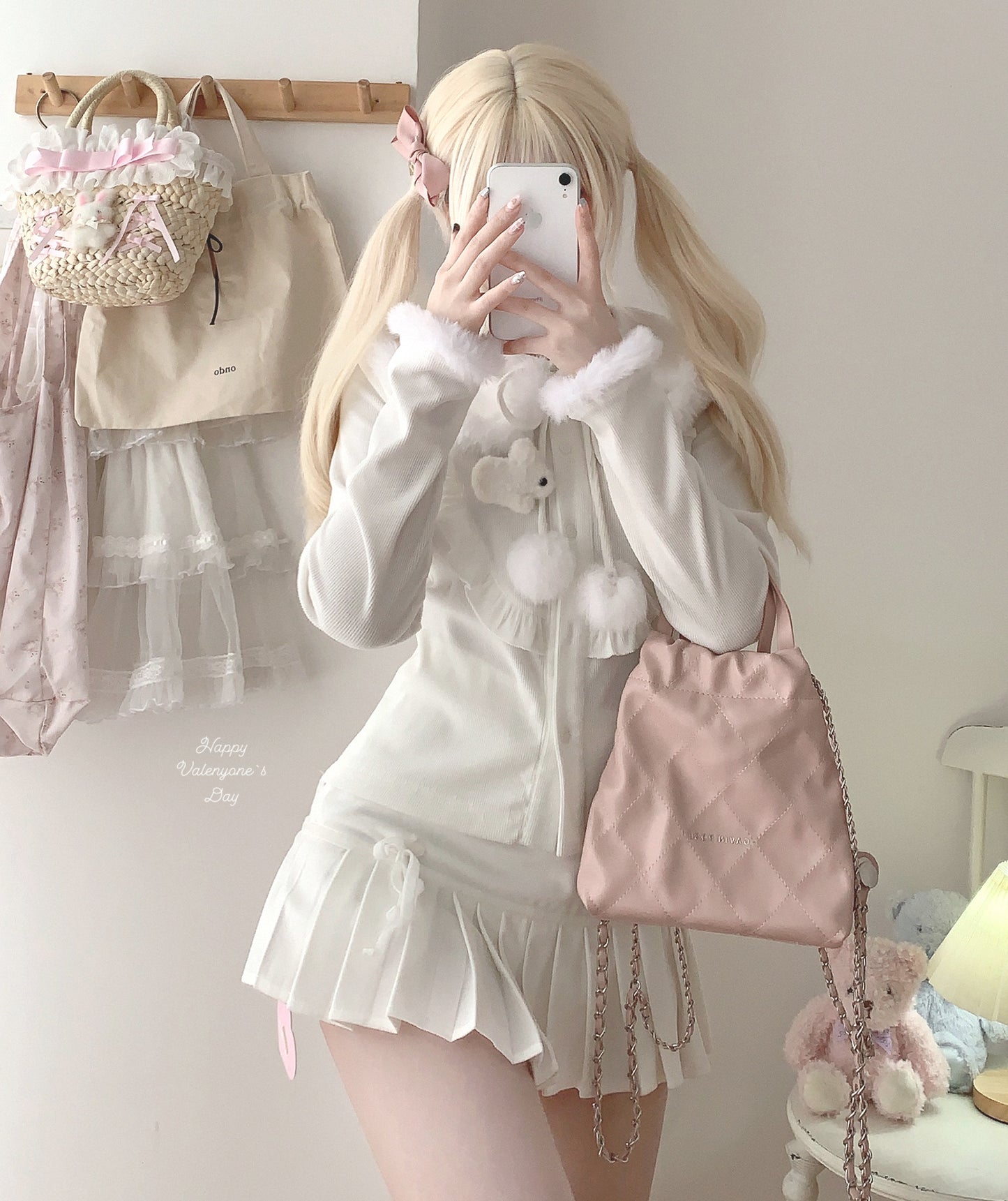 Dormir Doll Fritillaria White & Gray Bow Coquette Pleated Mini Skirt