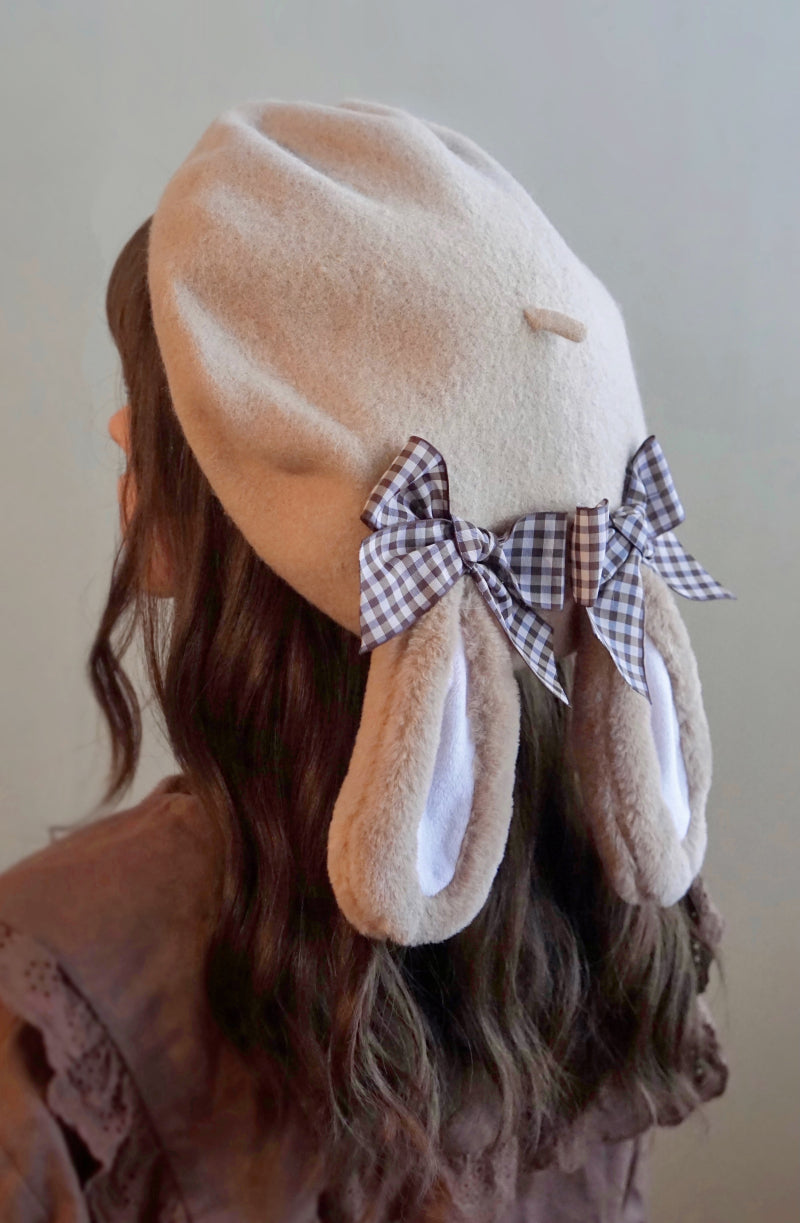 Cute Autumn Fall Handmade Lolita Brown Black Pink Lop Eared Rabbit Polka Dot Bow Wool Beret Hats