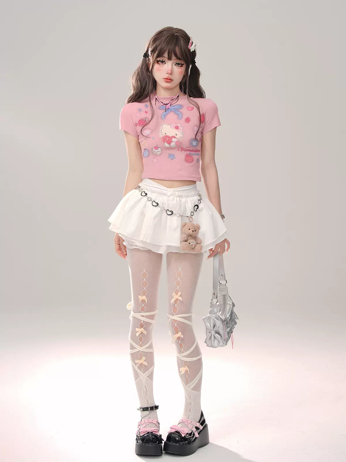 Young Eyes Doll White Pink Knit Kitty Short Sleeve T-shirt Top