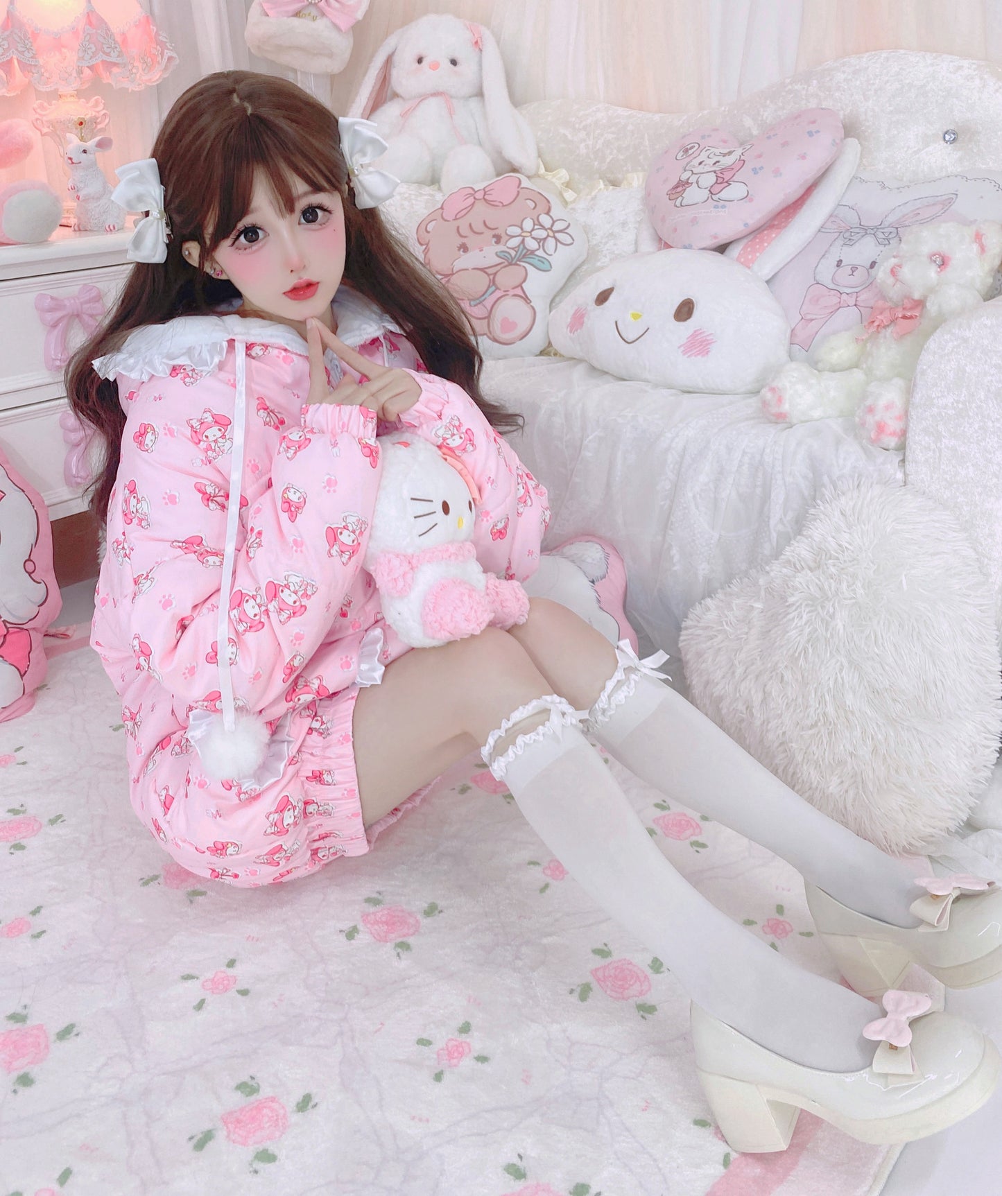 Candy Fairy Sweetie Melody Cartoon Pink Fur Plush Velvet Thick Puffer Jacket Coat