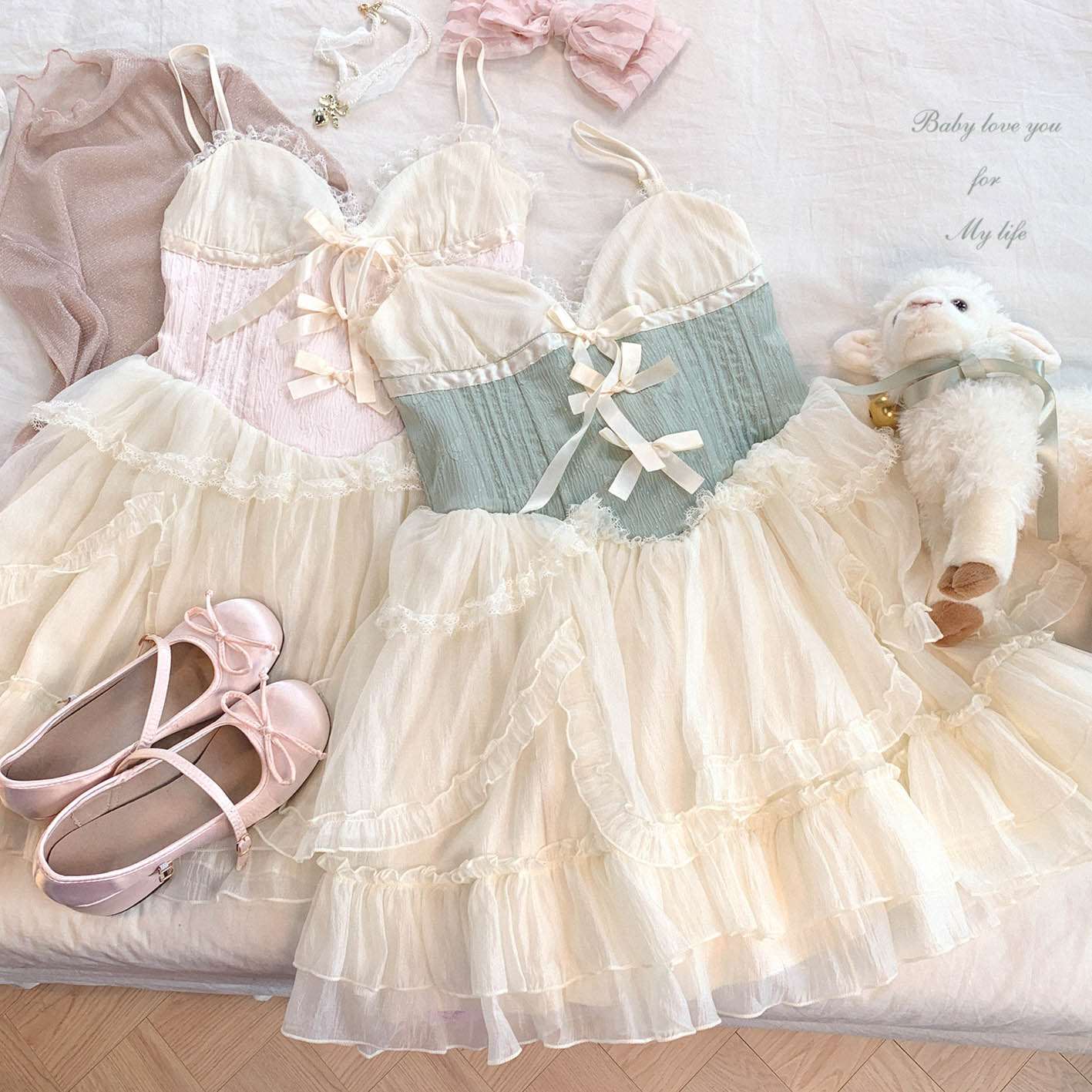 Dormir Doll Princess of Clouds and Mists Lace Bow Strap Dress & Cardigan Two Piece Set