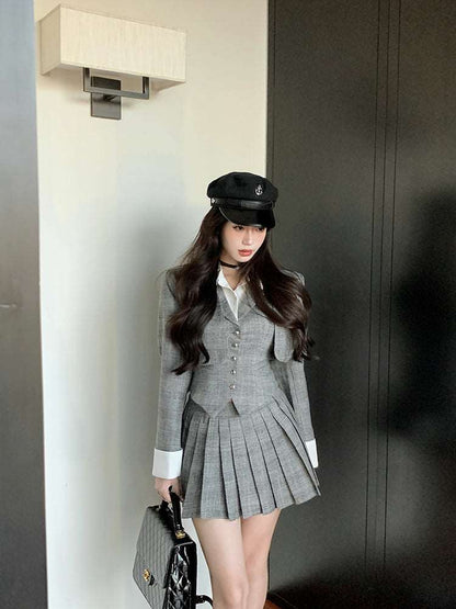 Academia Chic College Girl Gray Jacket & Vest & Pleated Mini Skirt Three Piece Set