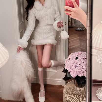 Winter Chic Black & White Knit Fur Collar Jacket Sweater Skirt Two Piece Set