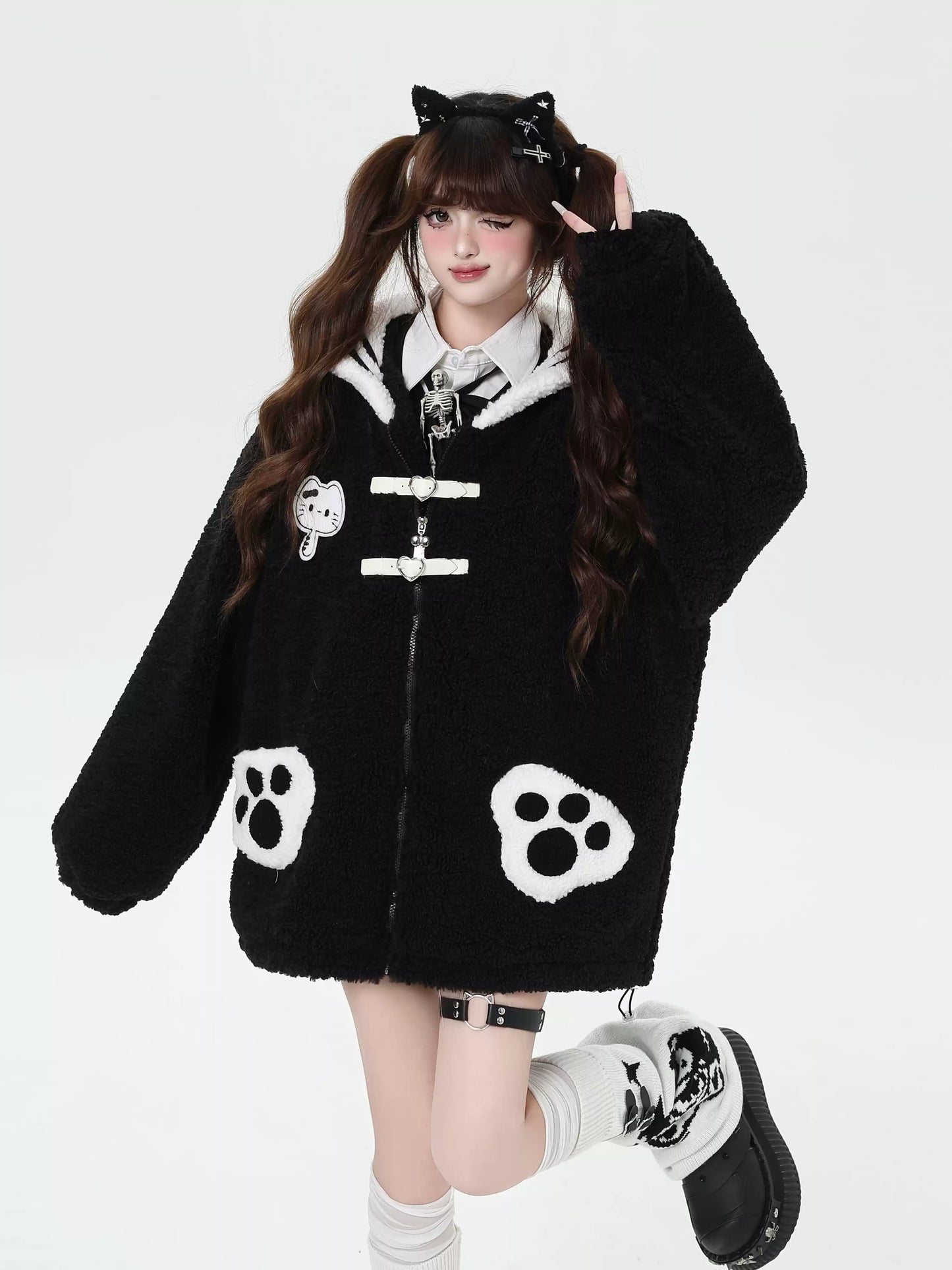 Crazy Girl Kitty Cat Claw Black Pink Plush Jacket