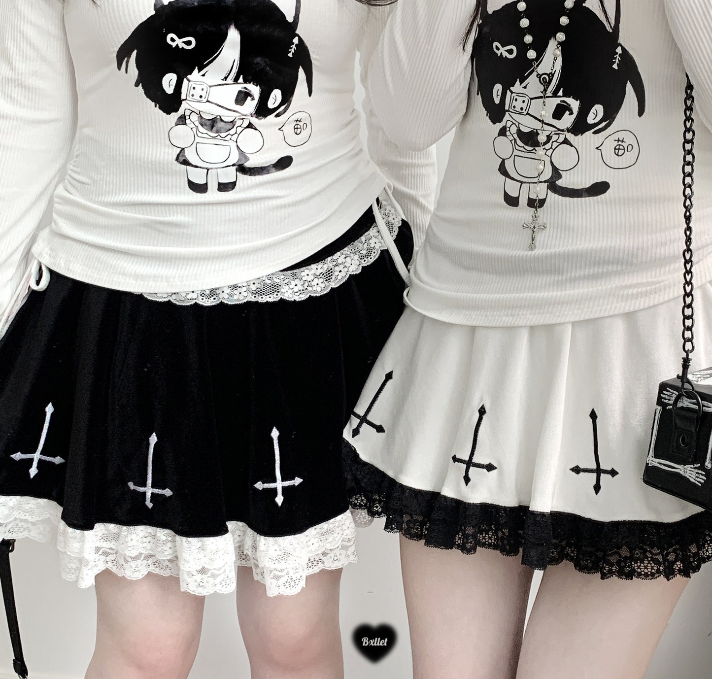 Kitten Bullet Jirai Kei Holy Cross Black White Velvet Skirt