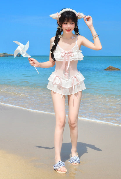 Satin Waltz Pink White Onepiece Swimsuit