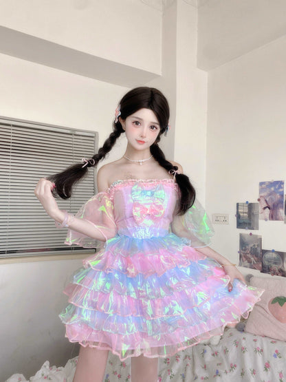 Candy Fairy Pastel Rainbow Gradient Mermaid Sparkling Ruffled Layered Dress