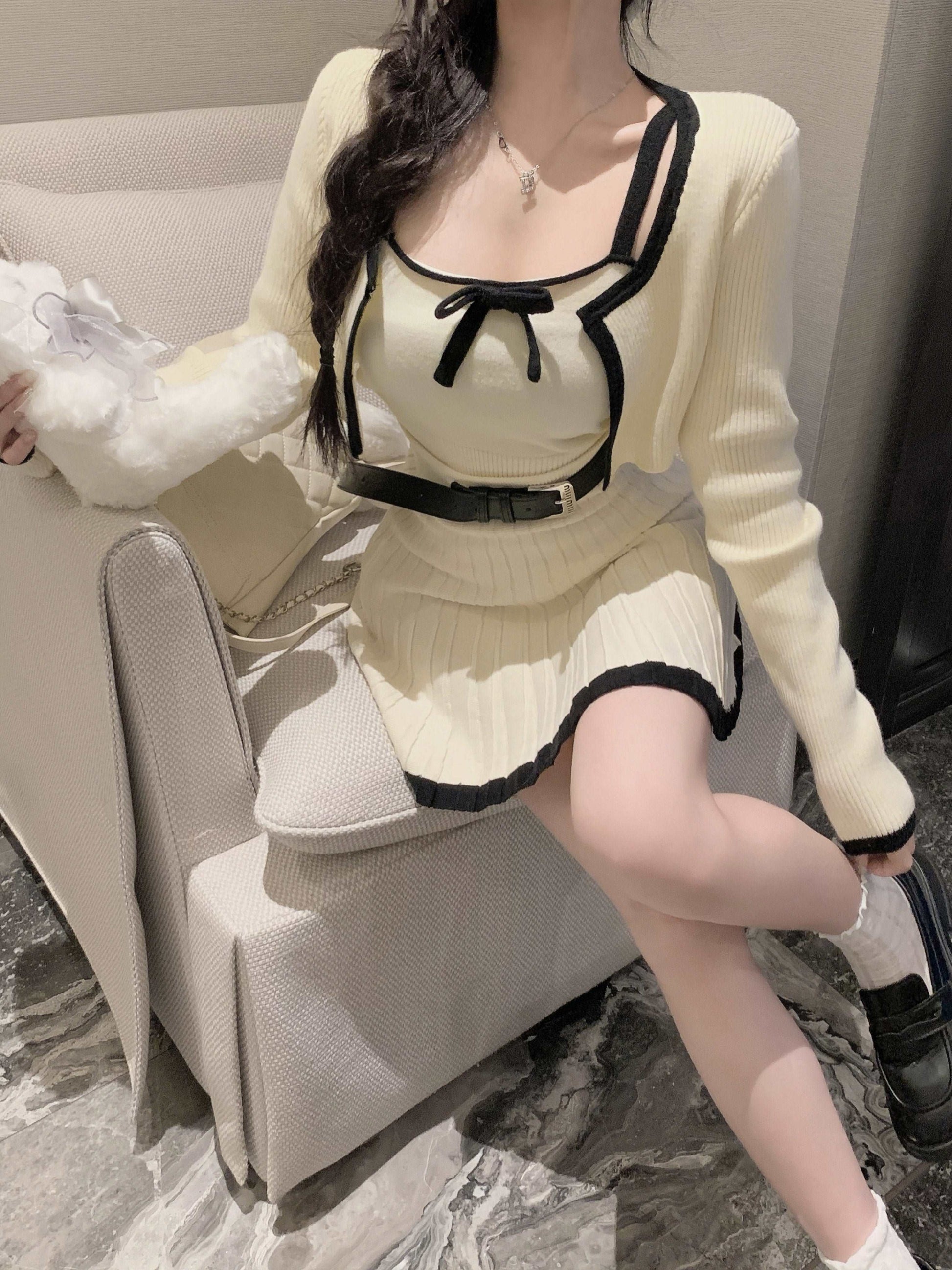 Chic White Black Trim Knit Camisole Cardigan Pleated Mini Skirt Three Piece Set