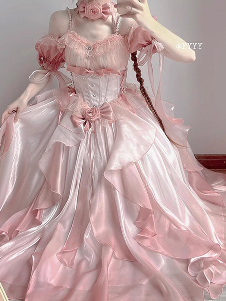 Rose Pearl Decorated Princess Ruffled Bow Layered Elegant Wedding Prom Evening Dress