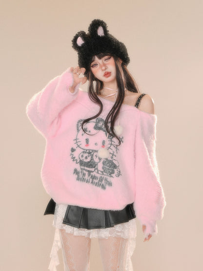 Young Eyes Cupid Kitty White Pink Off Shoulder Fuzzy Sweater