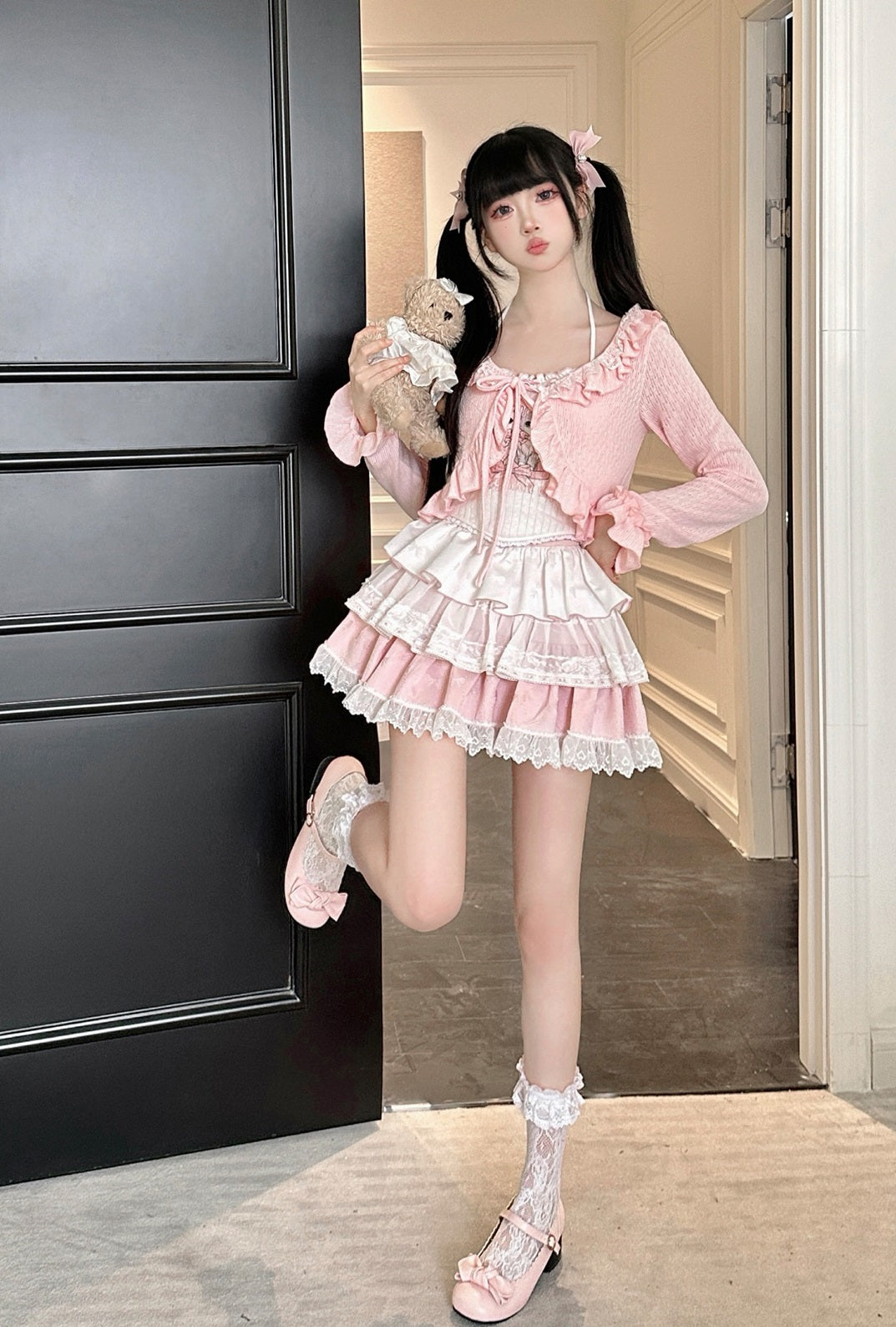 Serendipity Coquette Love Song Cat Camisole & Pink Cardigan & Ruffled Skirt Three Piece Set