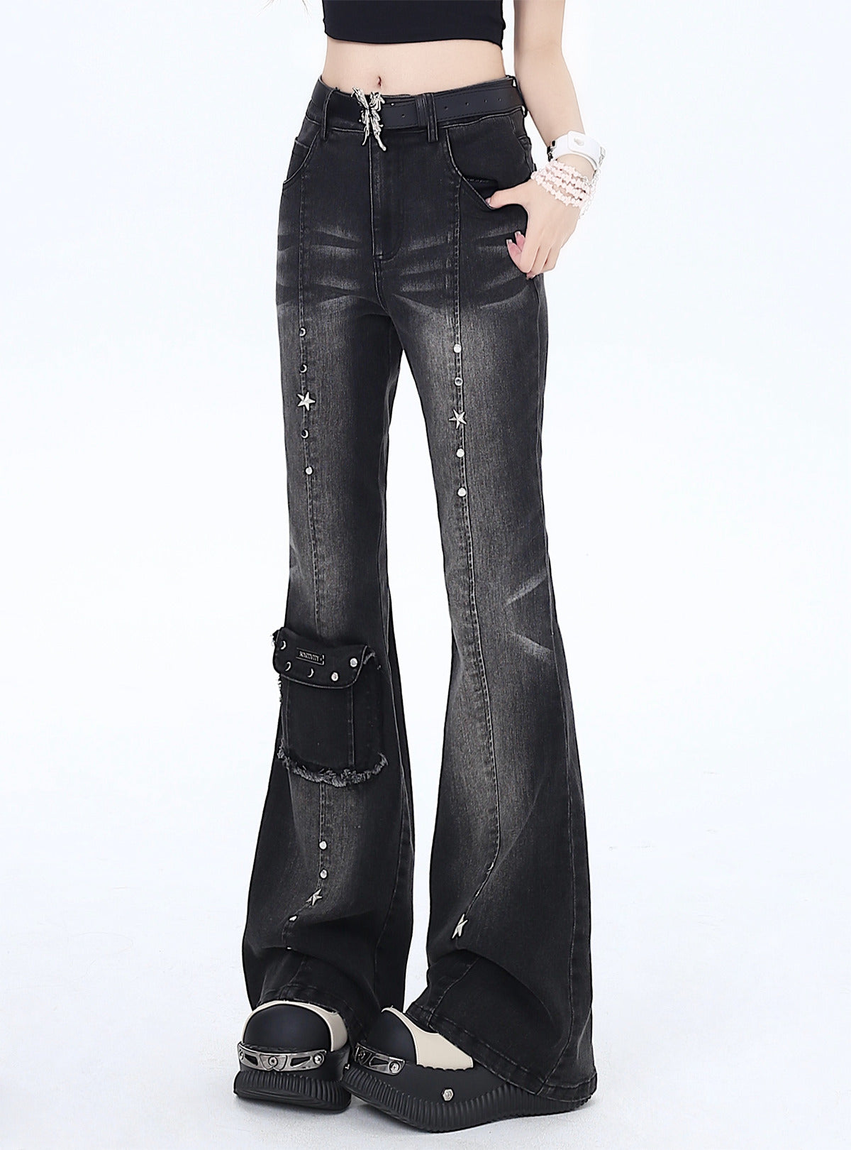 Crazy Girl Retro Black Gray Denim Flared Jeans