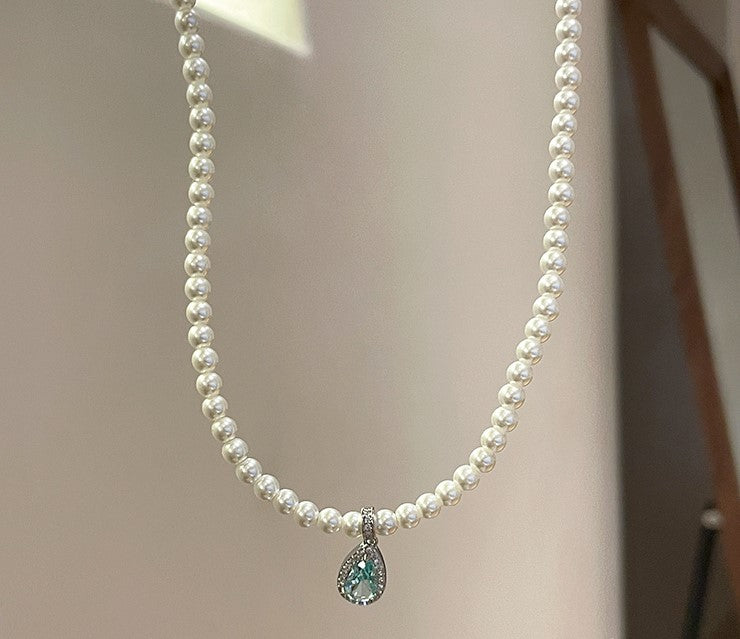 Aquamarine Blue Tear Drop Pearl Pendant Necklace