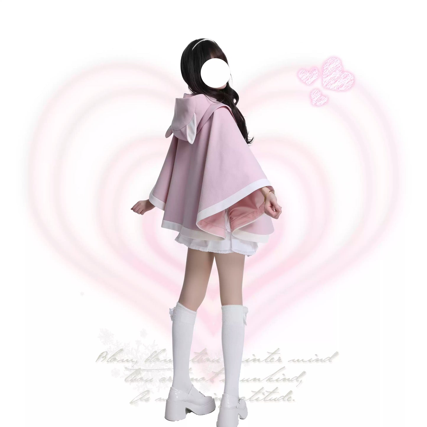 Platycodon Cat Ears Cake Pink Black Wool Cape Coat