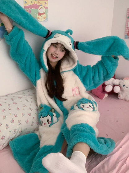 Miku Twintails Green Winter Pajamas Hooded Top & Pants Two Piece