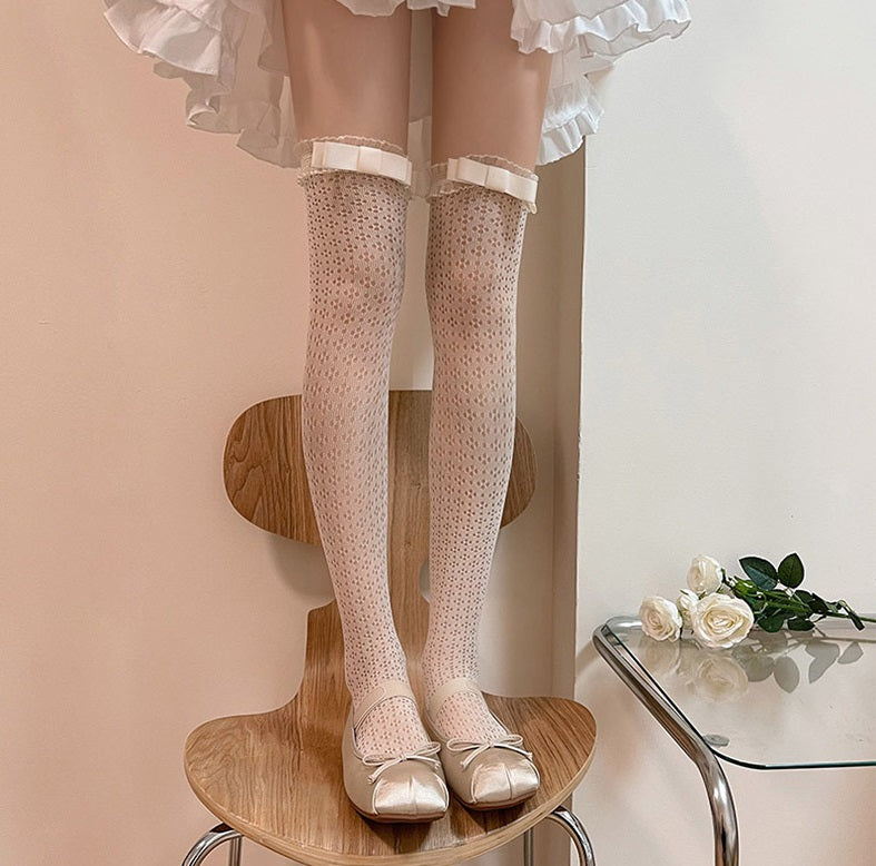 Organza Lace Black White Bow Over The Knee Socks