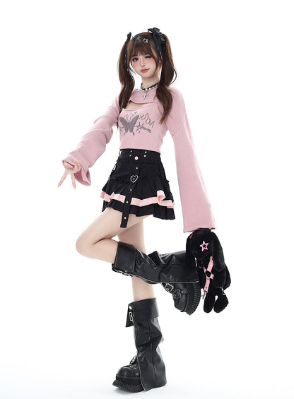 Crazy Girl Taotao Oolong Heart Black Pink Ruffle Short Skirt