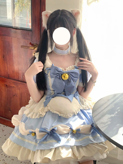 Flying Diary Cat Girl Pink & Blue Maid Lolita Dress