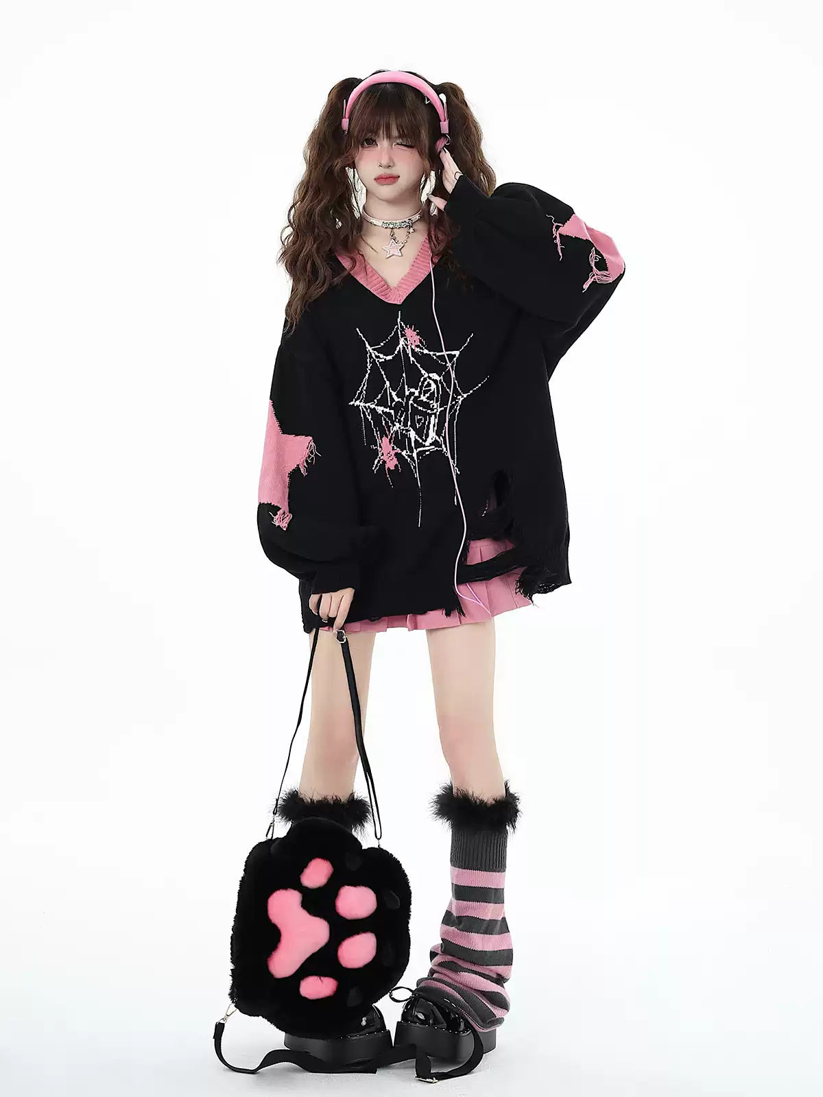 Crazy Girl Spider Halloween Pink Black Knit Sweater