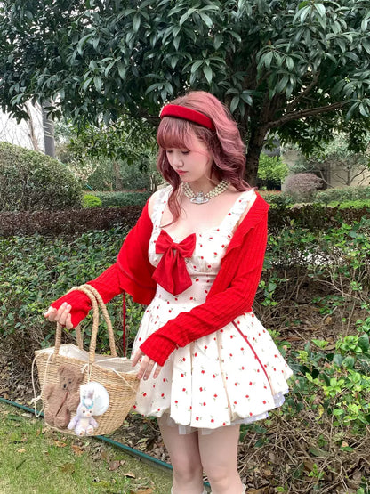 Picnic Girl Cute Cherry Red Bow Beige Strap Dress