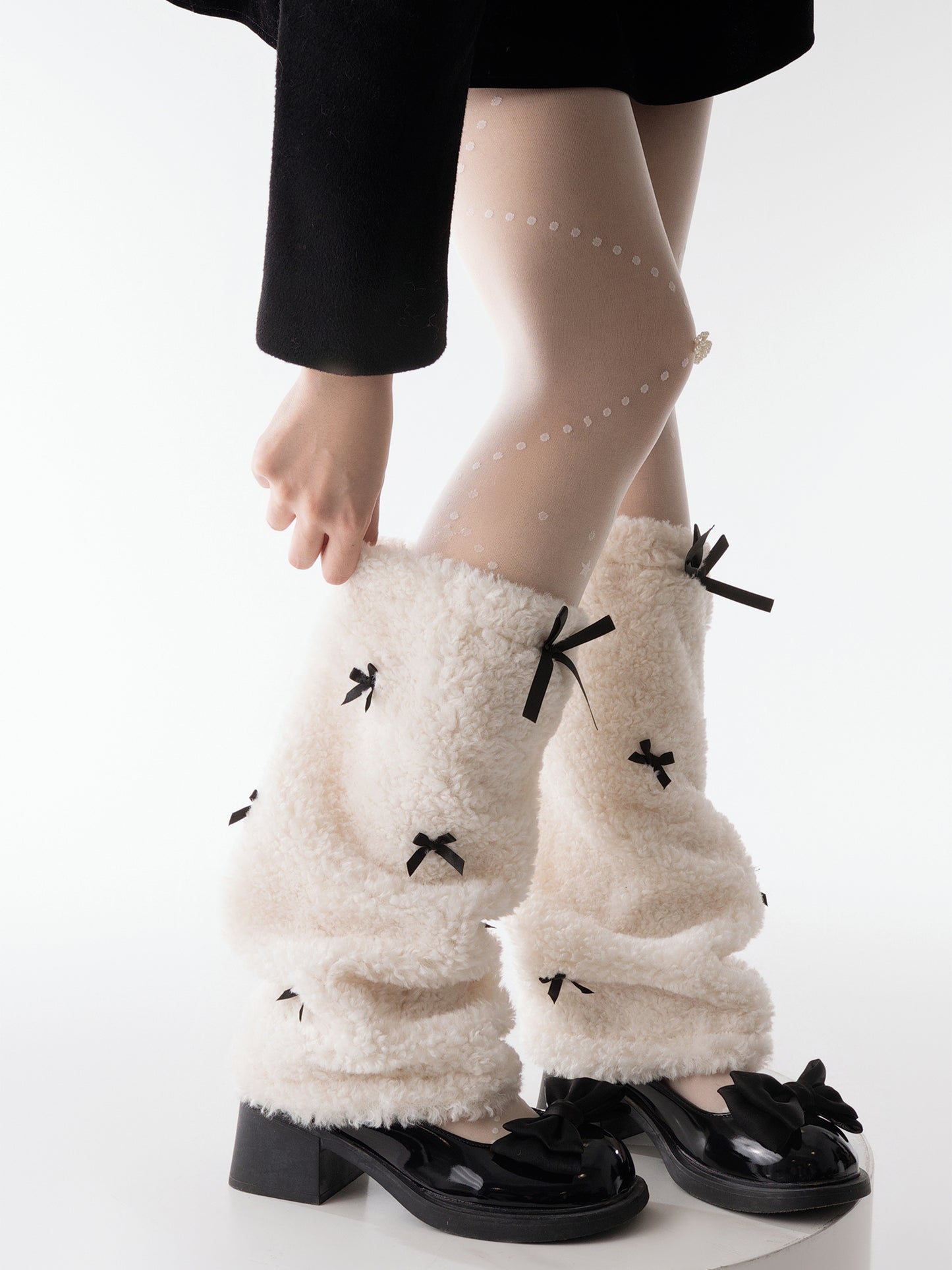 Fluffy Wool Black Bow Coquette White Warm Leg Warmers