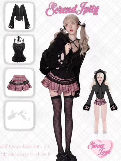 Serendipity Comic Rebellious Cat Black Jacket & Cami & Pink Plaid Skirt Three Piece Set