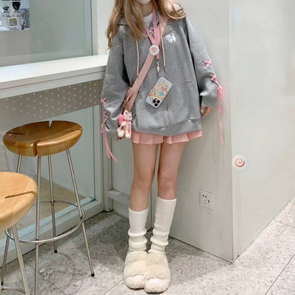 Cute Gray Cat Ears Y2K Coquette Ribbon Hoodie Jacket