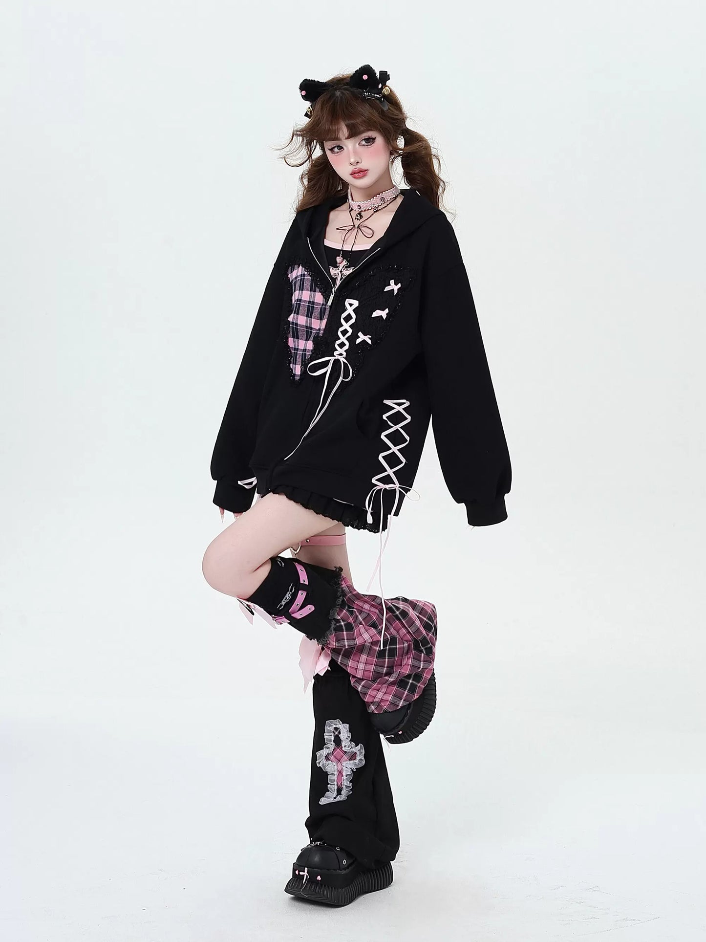 Crazy Girl Plaid Lace Pink Black Jacket Hoodie