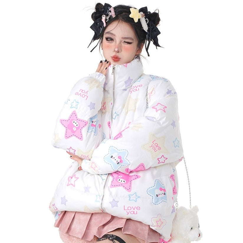 Young Eyes Winter Graffiti Kitty Melody White Puffer Jacket Coat