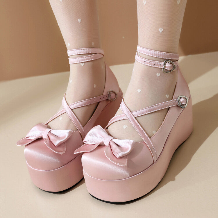 Elegant Cross Strap Princess Black & Pink Satin Shoes