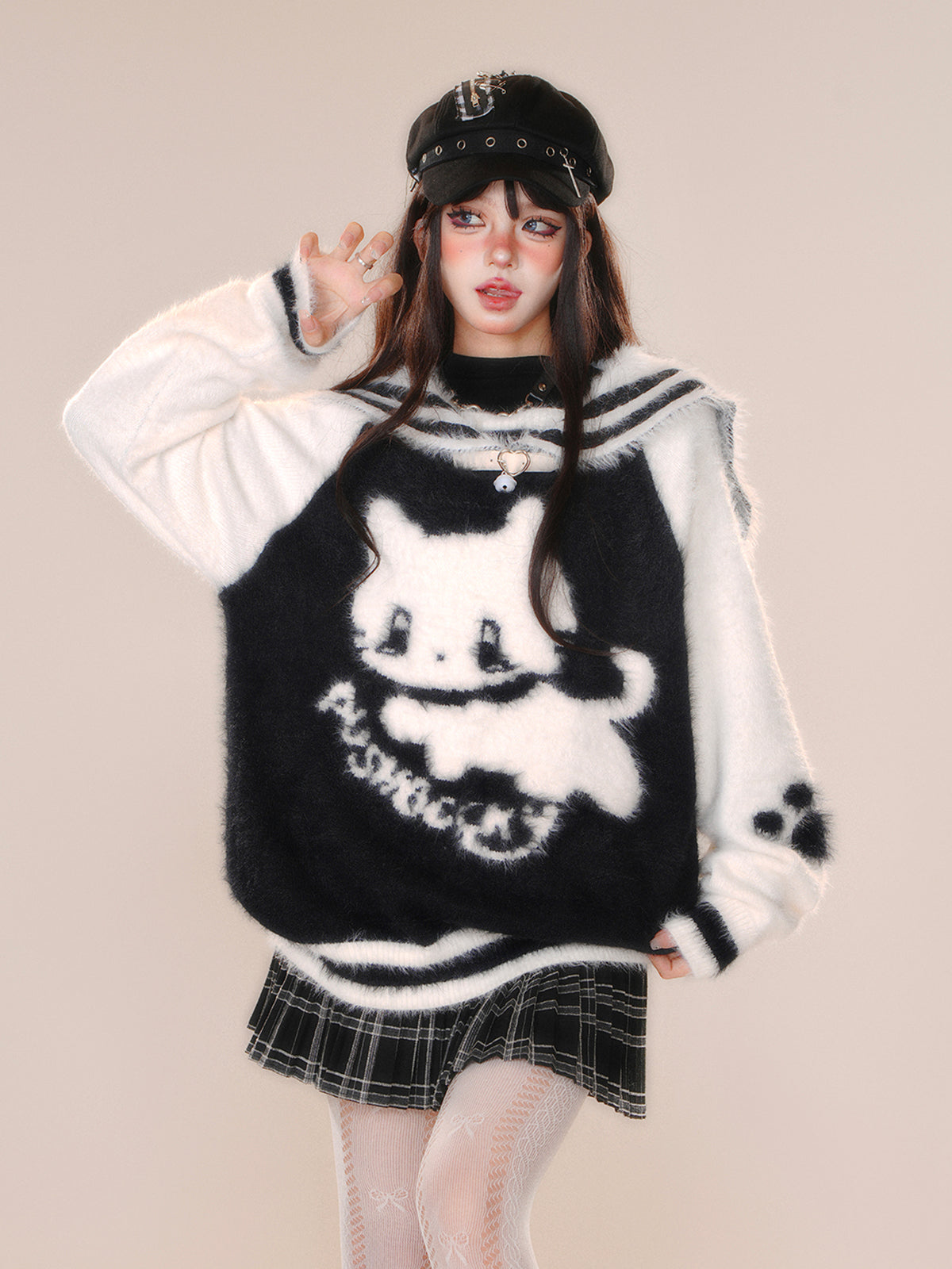 Young Eyes Lazy Cat Sailor Collar Black Brown Pink Fuzzy Sweater