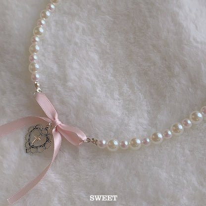 Holy Cross Pink Bow Pearl Beads Coquette Necklace Pendant