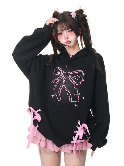 Young Eyes Sweet Bow Ribbon Black Pink Pullover Hoodie