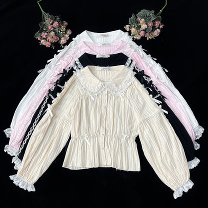 Hibscus Lolita EGL Inner Shirt Blouse Lace Doll Collar Long Sleeve White Black Cream Pink