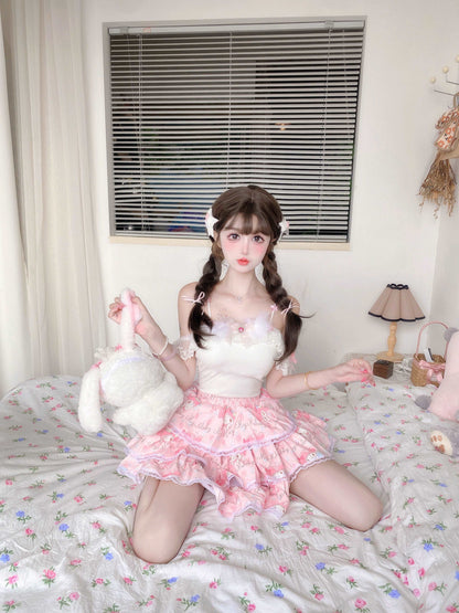 Candy Fairy Coquette White Camisole & Pink Melody Ruffled Cake Mini Skirt Two Piece Set