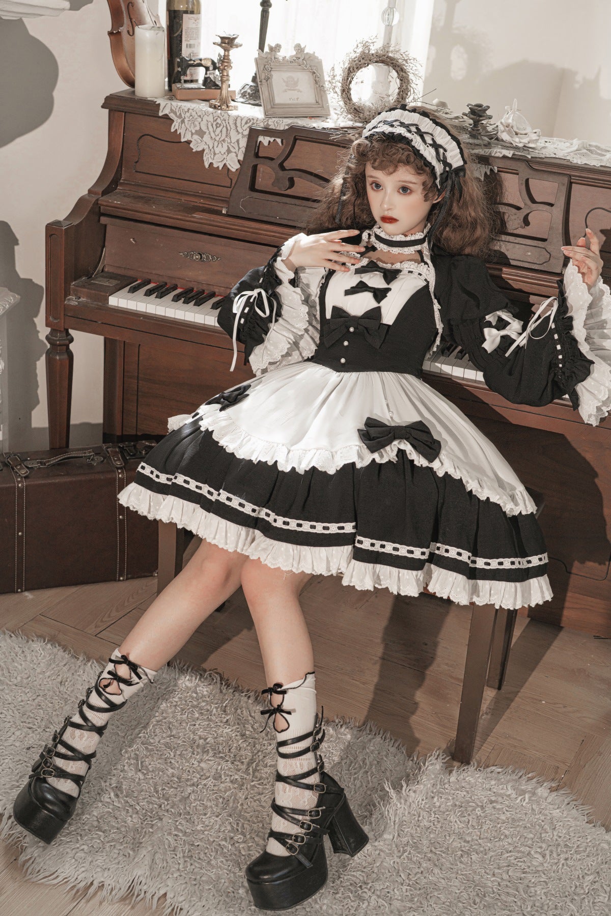 Gothic Dark Maid Cosplay EGL Black White Elegant Bow Dress & Jacket Two Piece Set