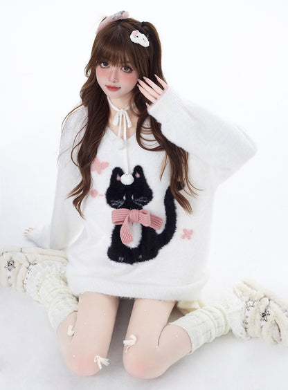 Crazy Girl Lazy Kitten Fuzzy White Red Sweater Top