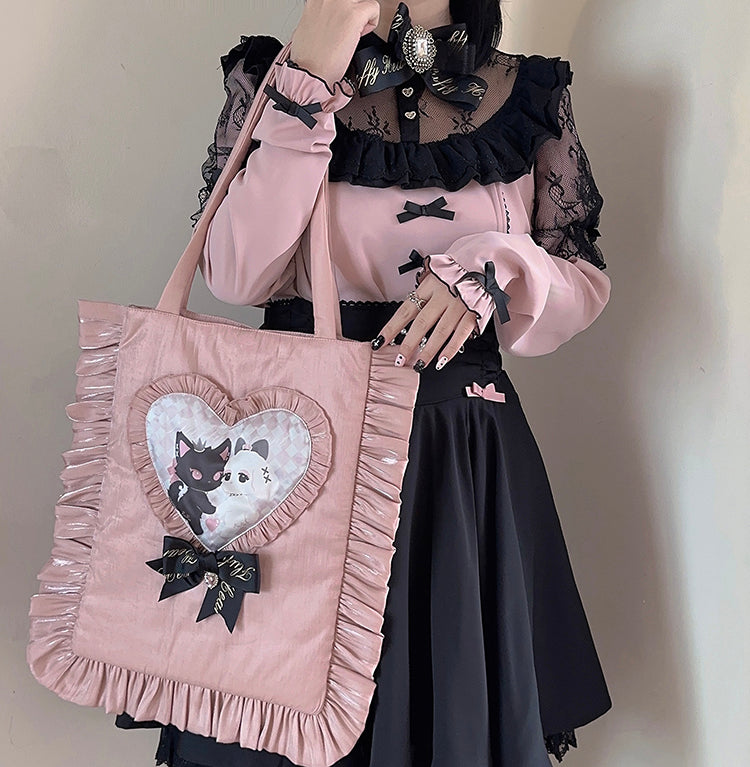 Love Stitched Sweet Rabbit Cat Bow Pillow Japanese Style Tote Bag