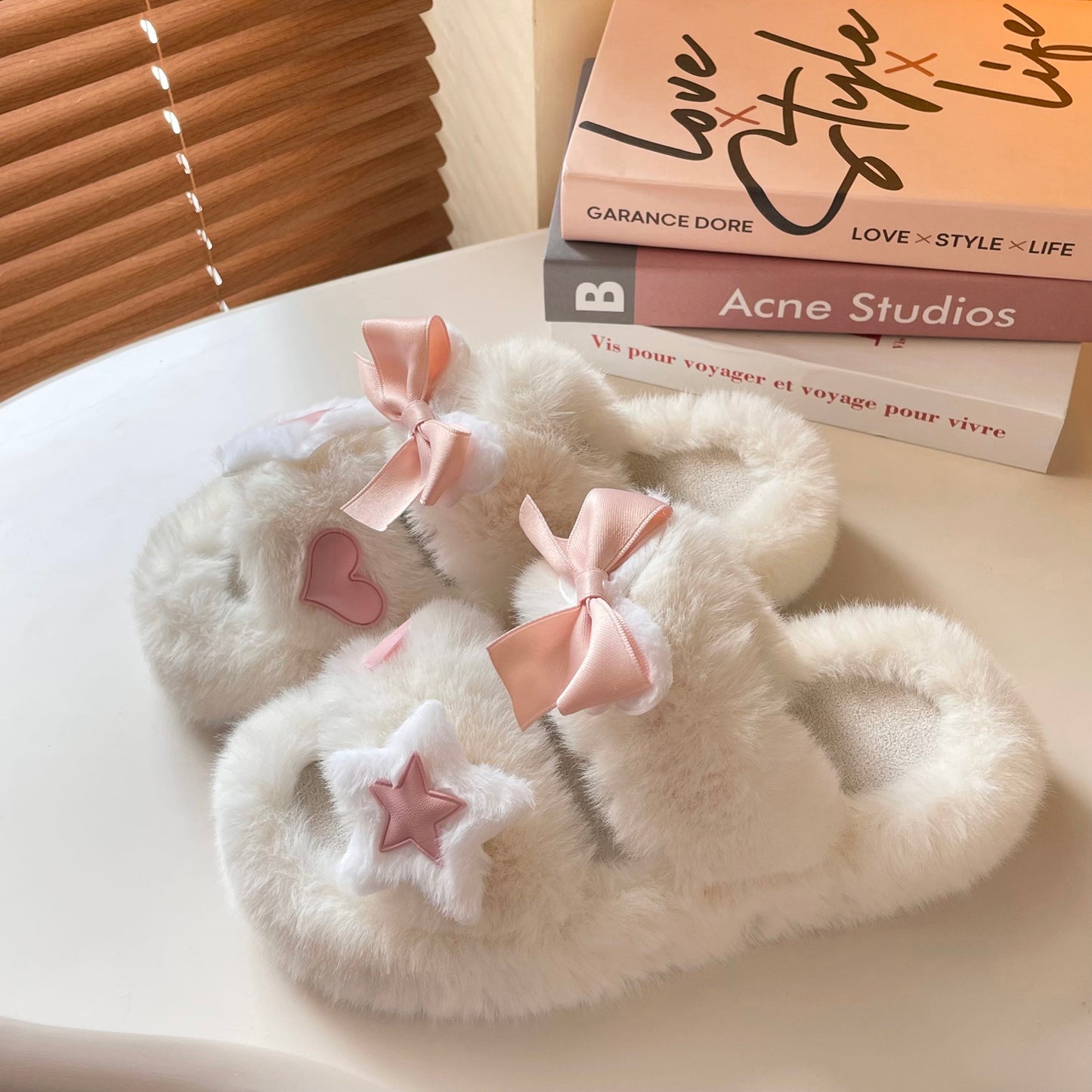 Star Heart Love Pink Bow Plush Fluff Slippers Shoes