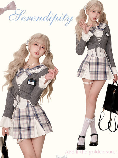 Serendipity Seoul Academia Gray Cardigan & White Skirt & Plaid Skirt Three Piece Set