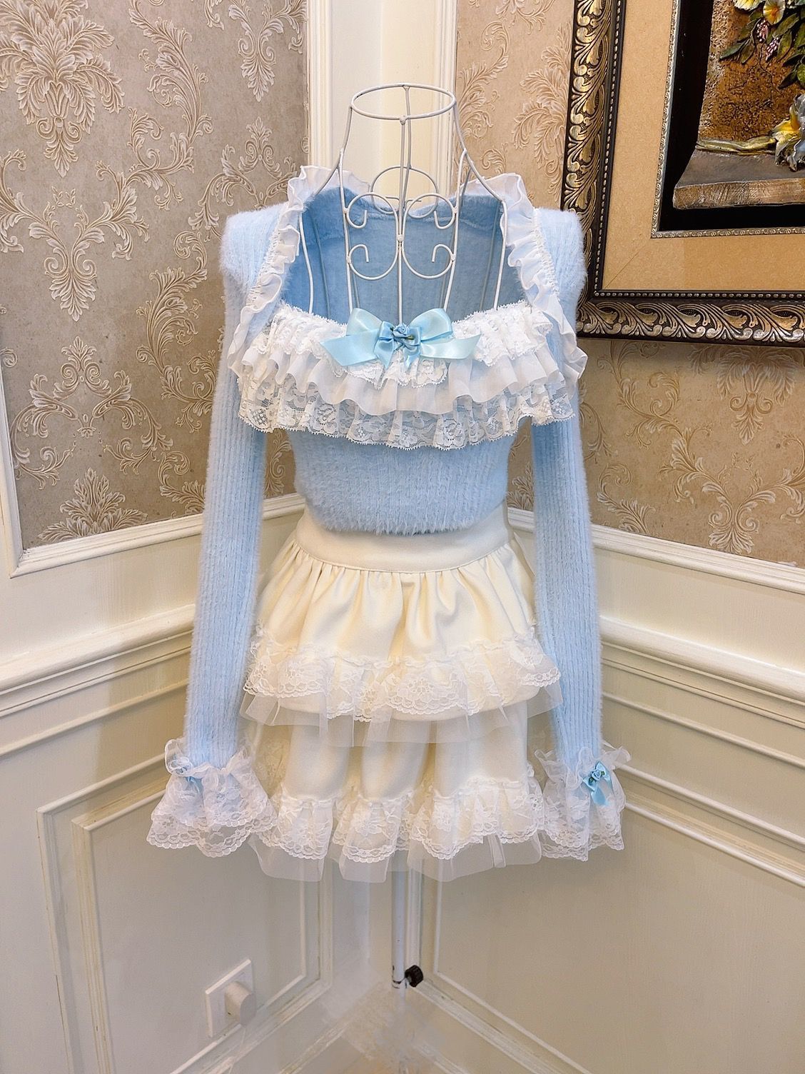 Sweetheart Princess Winter Elegant Lace Rose Bow Fuzzy Knit Pink & Blue Sweater Top