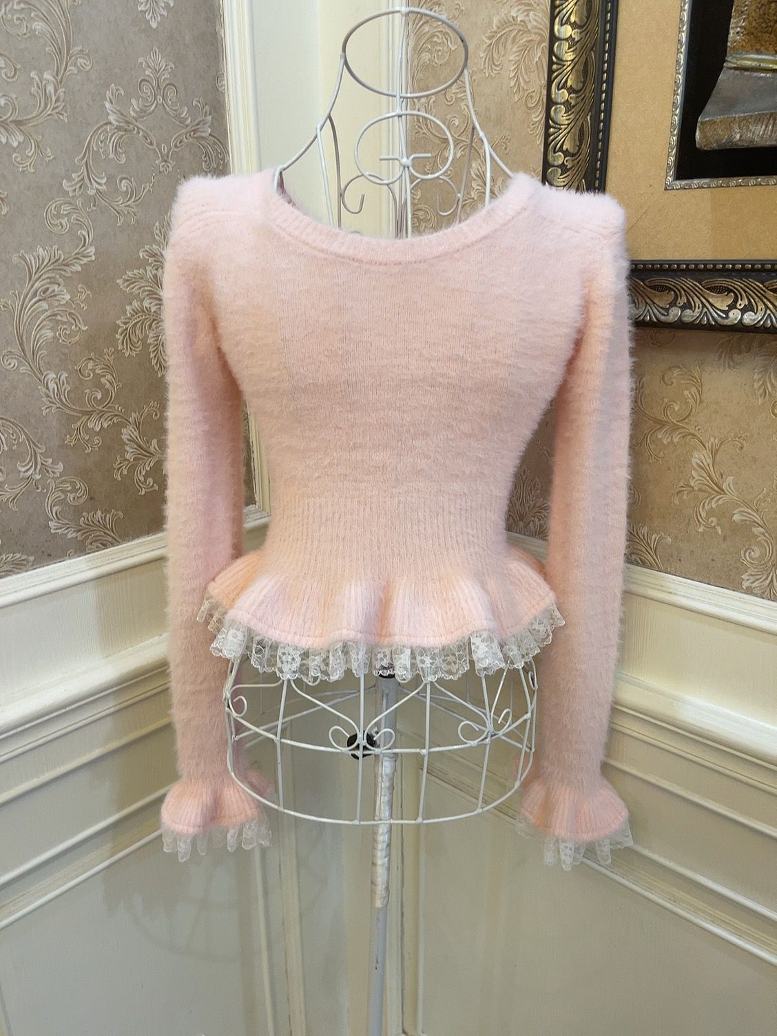 Sweetheart Princess Winter Marie Cat Pink Fuzzy Cropped Sweater & White Ruffled Skirt Two Piece Set