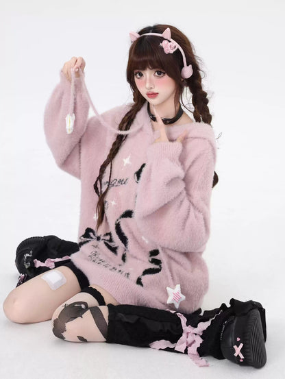 Crazy Girl Sticky Bow Black Pink Fuzzy Sweater Hoodie