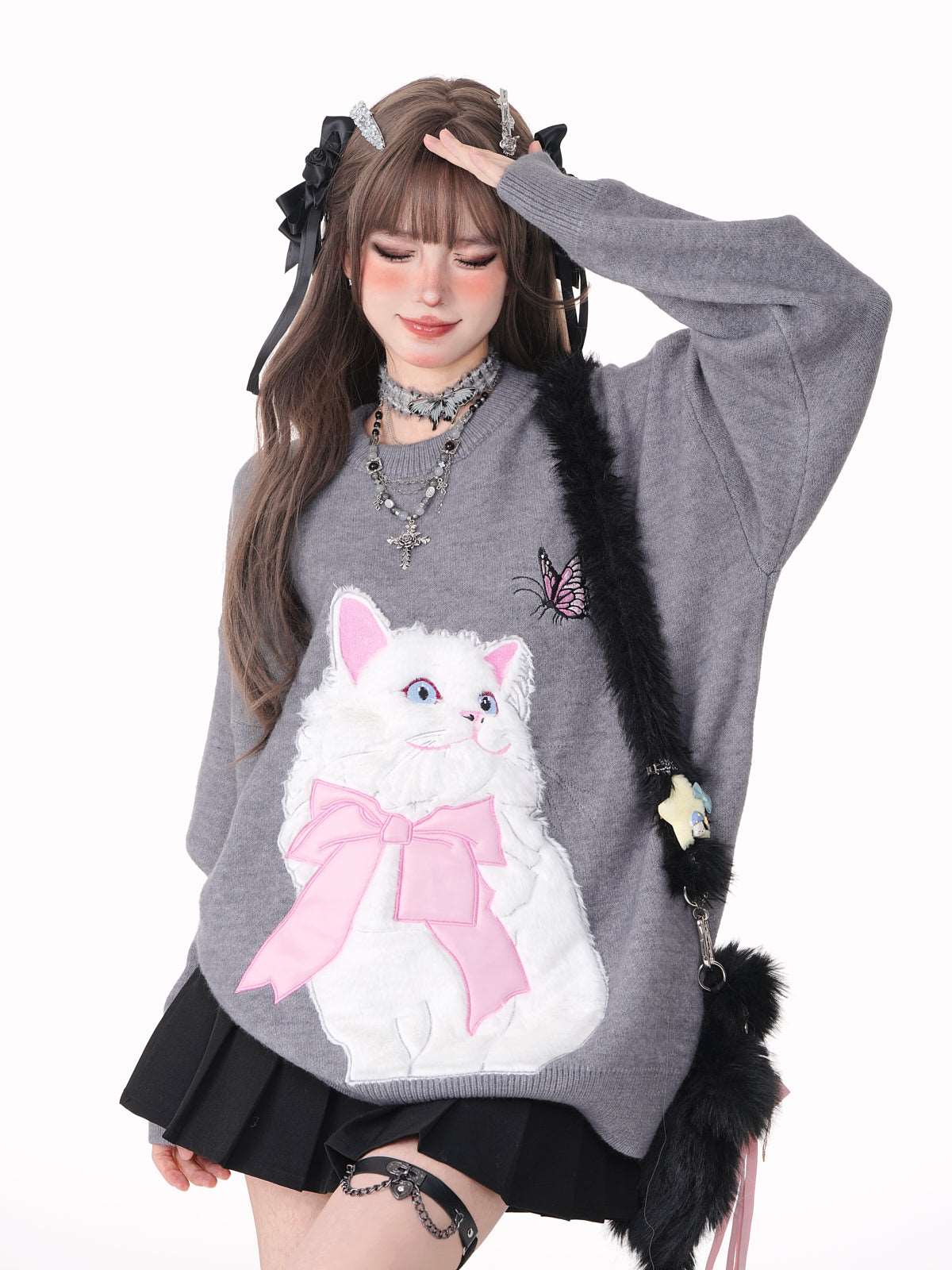 Cat With Bow Print Pullover Knitted Embroidery Oversize Sweater