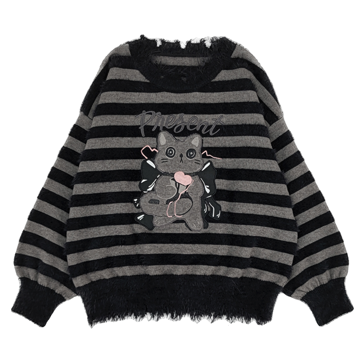 Round Neck Fuzzy Gray Black Striped Cat Sweater