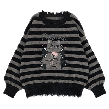 Round Neck Fuzzy Gray Black Striped Cat Sweater