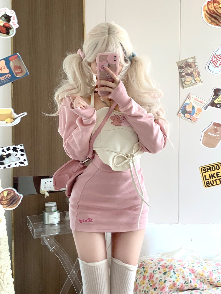 Serendipity Sweet Cream Rabbit Bear Camisole & Little Pink Jacket & Pink Mini Skirt Three Piece Set