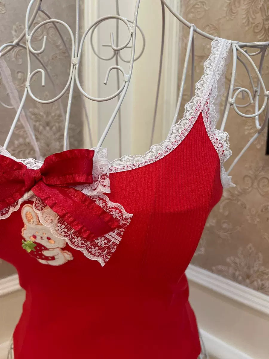 Sweetheart Princess Red Strawberry Rabbit Camisole Top