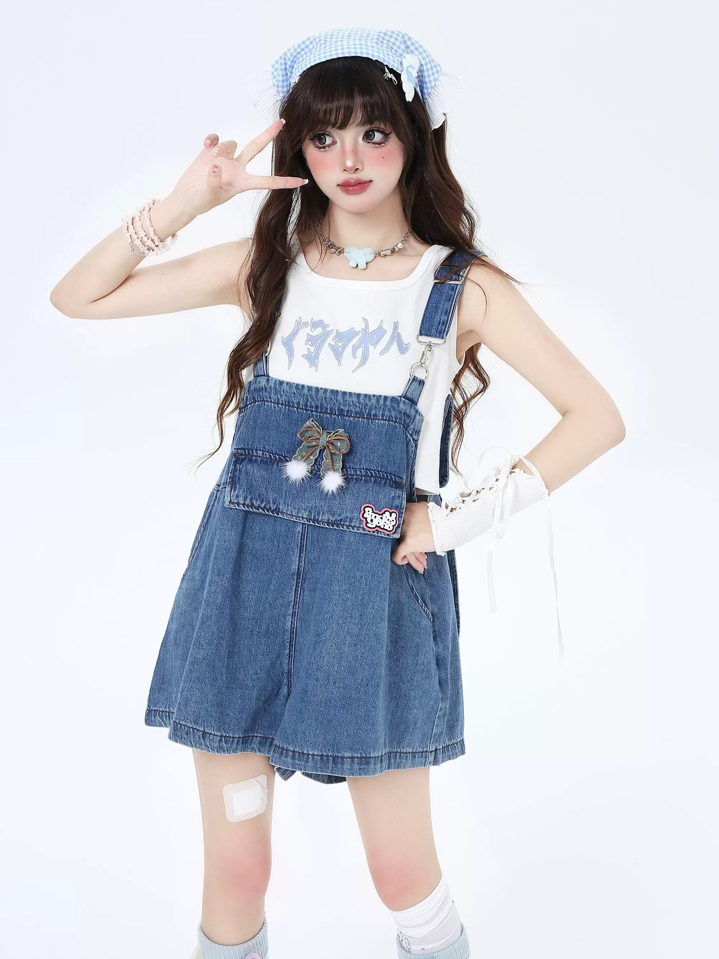 Crazy Girl Island Girl Denim Rabbit Ears Suspender Skirt