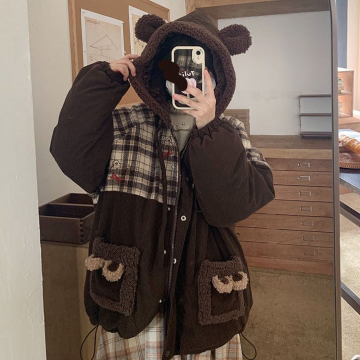 Plaid Retro Winter Plush Bear Ears Corduroy Coat